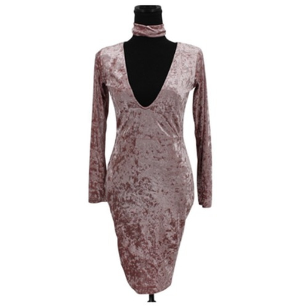 Crushed Velvet Midi Dress Revenge Choker Neck Bodycon Powder Pink Club Size‎ M